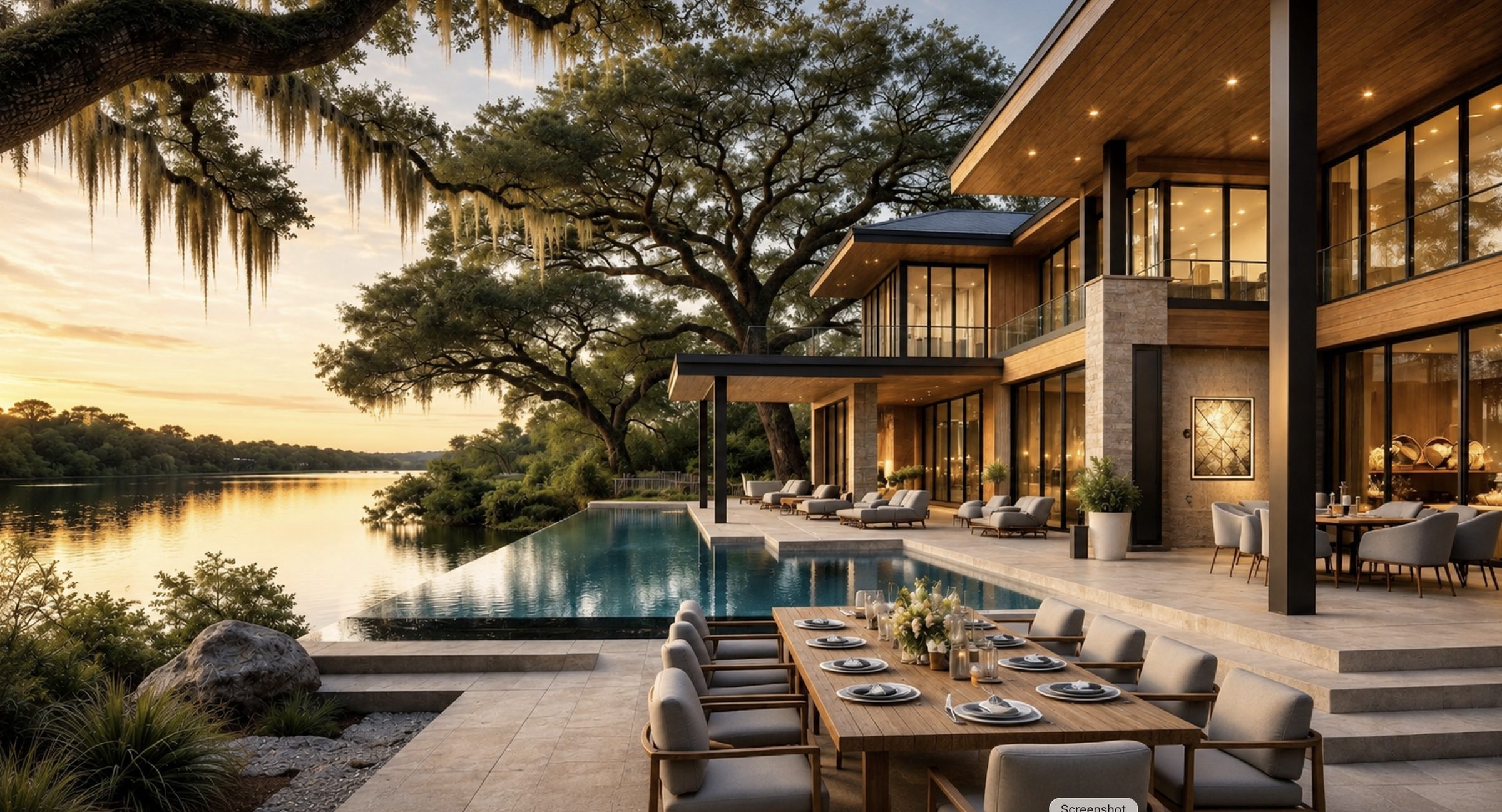 Lakefront residence and infinity pool beneath heritage live oaks at sunset, The Zuni Collection by Investree