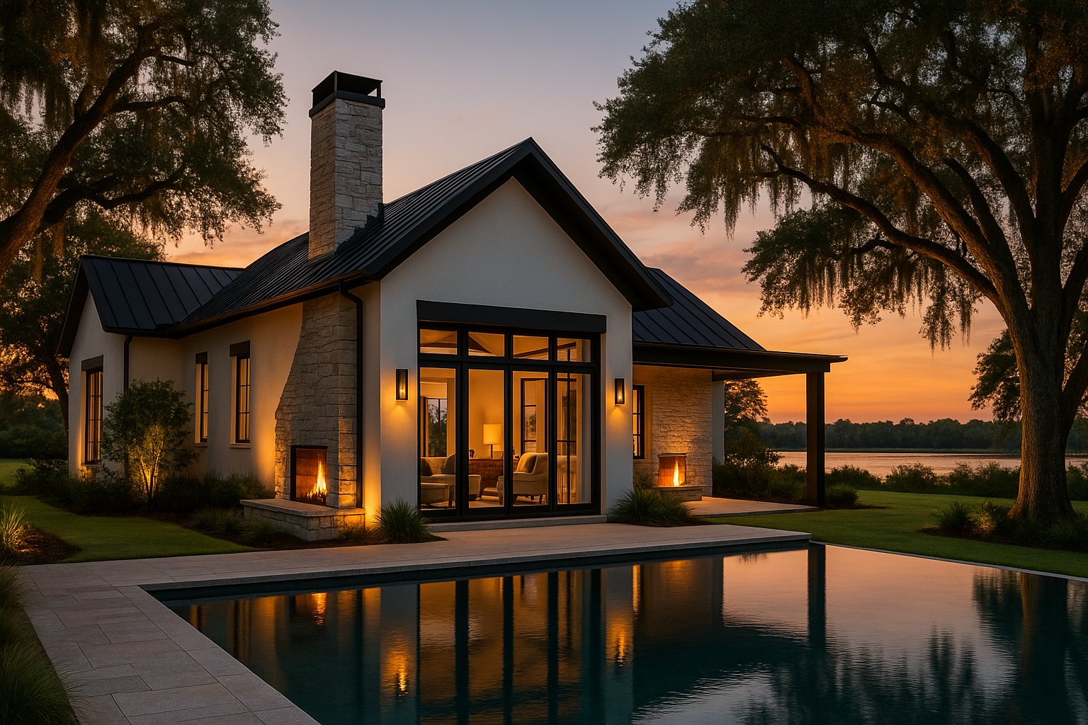 Residence at twilight with pool and lake views