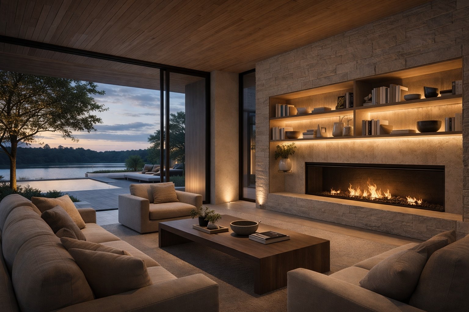 Interior living space at twilight with fireplace and lake views