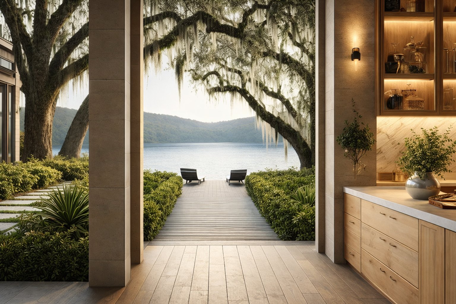 Waterfront walkway through mature oaks