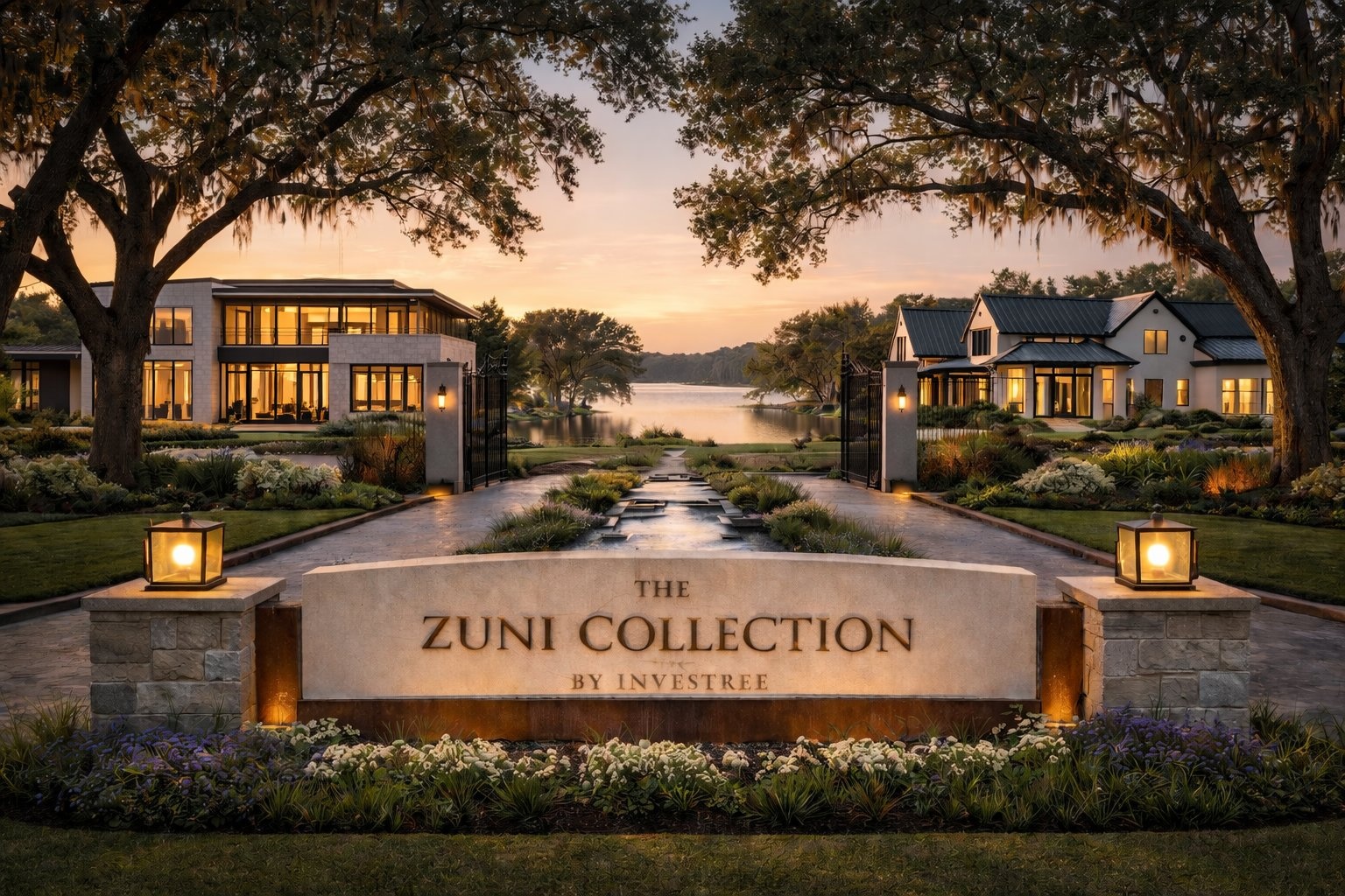 The Zuni Collection by Investree entrance monument at sunset, Lake Nona corridor, Orlando, Florida